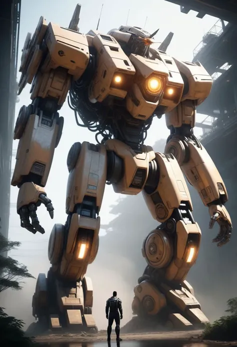 realistic close up ,
a giant mecha robot looking at a bird stopped on its hand
perspective
dramatic lighting
sci-fi