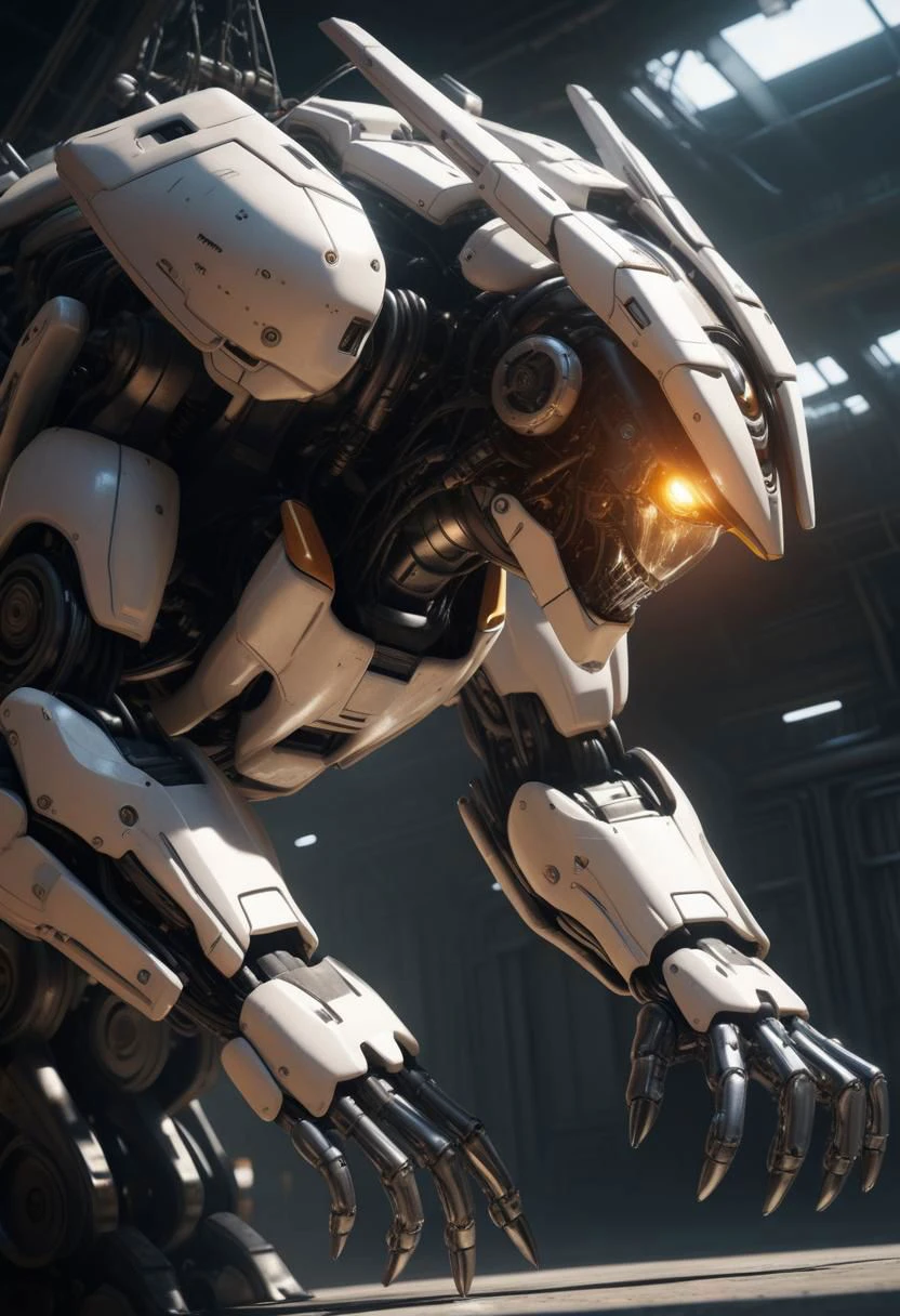 realistic close up ,
a giant mecha robot looking at a bird stopped on its hand
perspective
dramatic lighting
sci-fi