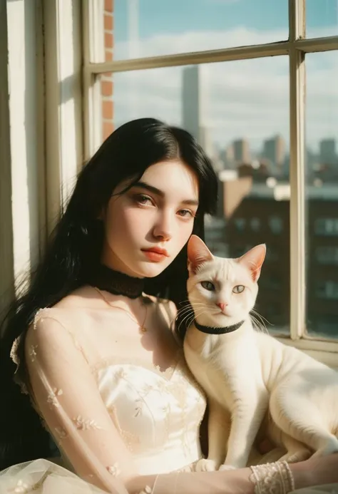 a cute girl, 22 years old, black hair, pale skin, buff, choker, vintage, faded film, film grain, polaroid, cute apartment, window, city,
best quality, high quality, masterpiece, detailed, realistic, 1girl, solo, laying with cat, peaceful, pale skin, parted lips, detailed long hair, Embroidered wedding dress, strapless, bare shoulders, perfect anatomy, perfect hands, good hands, green carpet, break depth of field, bokeh,