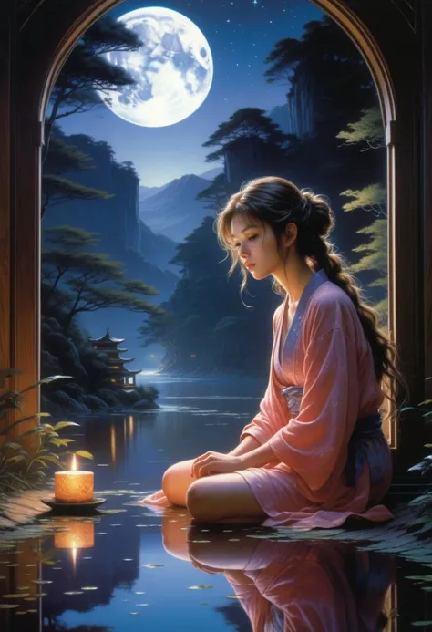anime by Noriyoshi Ohrai
 a young woman 
 In the Moon Palace's quietude, a candle's glow on a mica screen weaves shadows, crafting a mysterious atmosphere. Outside, a gentle river reflects fading stars, resembling sleeping gems as dawn approaches. in neon attire, exudes epic beauty with a hint of sadness. Her touch on the windowsill speaks of contemplation, bridging past and future.