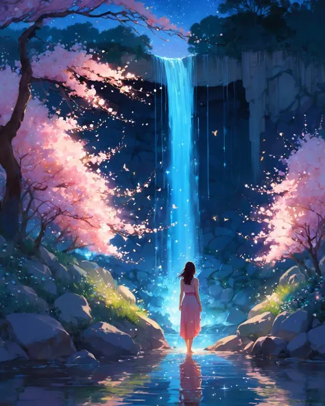 by Atey Ghailan
Ross Tran
watercolor 
a woman
 immersed in a magical garden at twilight. She stands beside a luminous waterfall, cherry blossoms gently falling around her. The soft glow of fireflies and the distant twinkle of stars add an enchanting ambiance to this serene and otherworldly scene
masterpiece, best quality, high quality, aesthetic