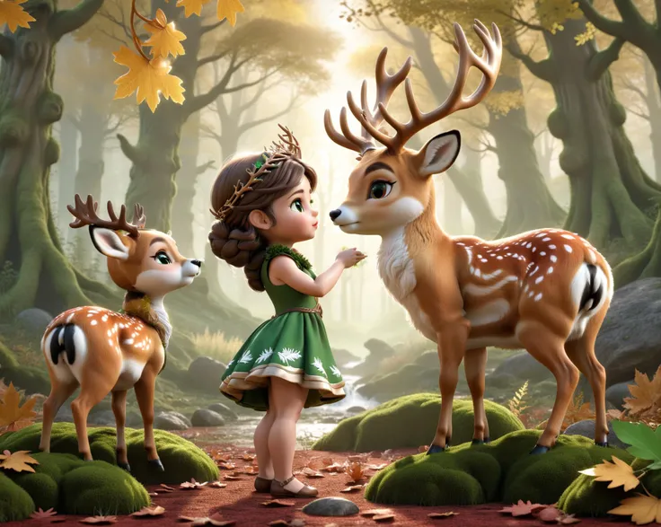 breathtaking professional 3d model chibi female Druid wearing a deer head piece and a green dress, standing in front of a deer, looking at each other, side view, fall leaves on the forest floor, in the forest <lora:RMSDXL_Enhance:3> <lora:RMSDXL_Creative:2> . octane render, highly detailed, volumetric, dramatic lighting . award-winning, professional, highly detailed