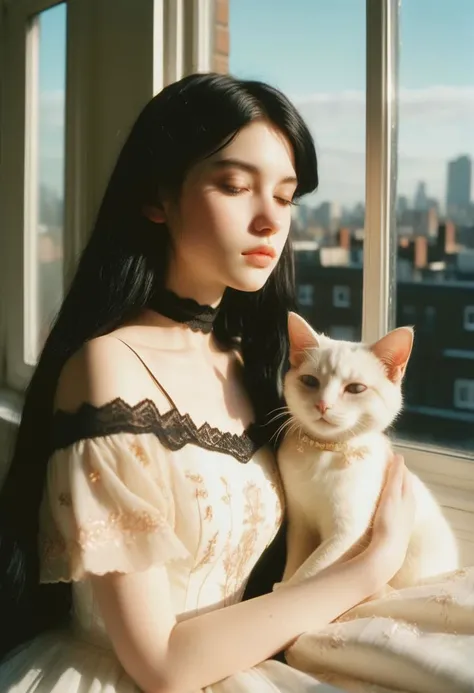a cute girl, 22 years old, black hair, pale skin, buff, choker, vintage, faded film, film grain, polaroid, cute apartment, window, city,
best quality, high quality, masterpiece, detailed, realistic, break 1girl, solo, sleeping with cat, peaceful, pale skin, parted lips, detailed long hair, Embroidered wedding dress, strapless, bare shoulders, perfect anatomy, perfect hands, good hands, green carpet, break depth of field, bokeh,