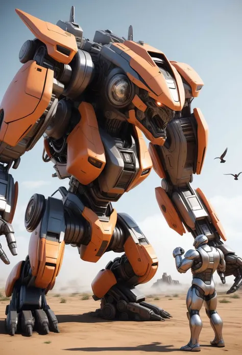 3d realistic close up , a giant mecha looking at a bird stopped on its hand fighting stance, battle, perspective