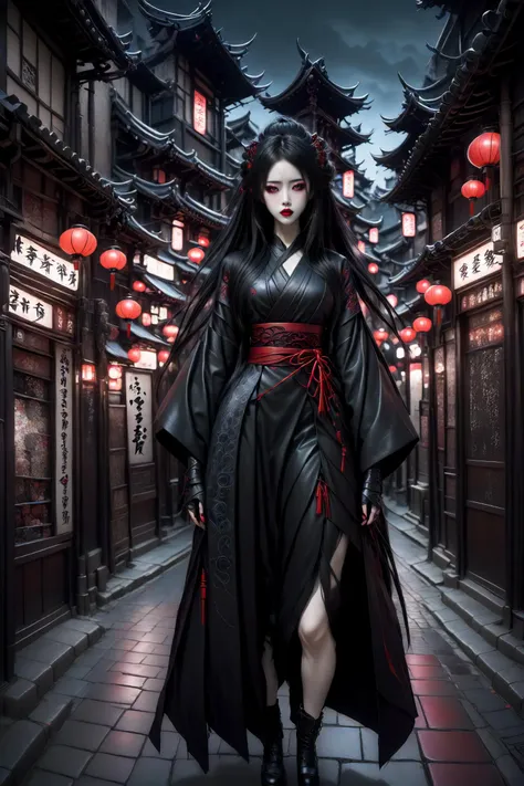 (full body shot:1.2), hero view,
1girl, toned, a mysterious japnanese woman,, dark gothic modern city filled with gothic buildings, neon signs,glowing lanterns, black leather japanese clothes, long hair, hair sticks, lipstick, makeup, jewelry, eyeshadow, red lips,
<lora:beautiful_girl_ver2:0.8> majicmix_style <lora:Goth_SDXL_V1:0.6> goth person <lora:PE_NeonSignStyle:0.1> <lora:Fflix-Geisha:0.8> fflix-geisha