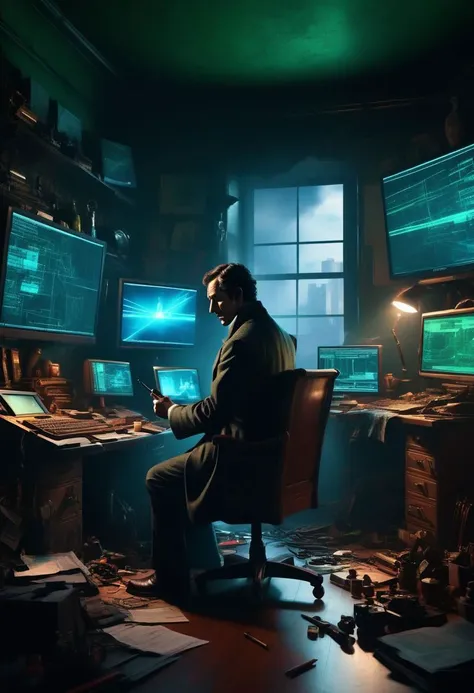 sherlock holmes, holding smoking pipe watching monitors, multiple multiple monitors, hologram, messy room, shadow, dim light, dark room. messy, detailed background, science fiction, cyberpunk retro dystopian futuristic