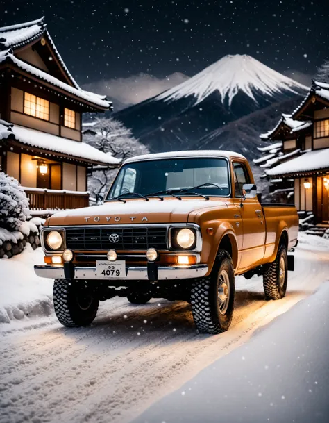 breathtaking analog photo of an awesome 1970s toyota pick up truck driving through an whimsical and enchanting japanese mountain village, snowing, heavy snow, (at night:1.2), warm lighting, warm lights, perspective, intricate details, moody, mystic, stunning, epic, highly detailed, sleek, dynamic, professional, commercial, vehicle-focused, high-resolution,