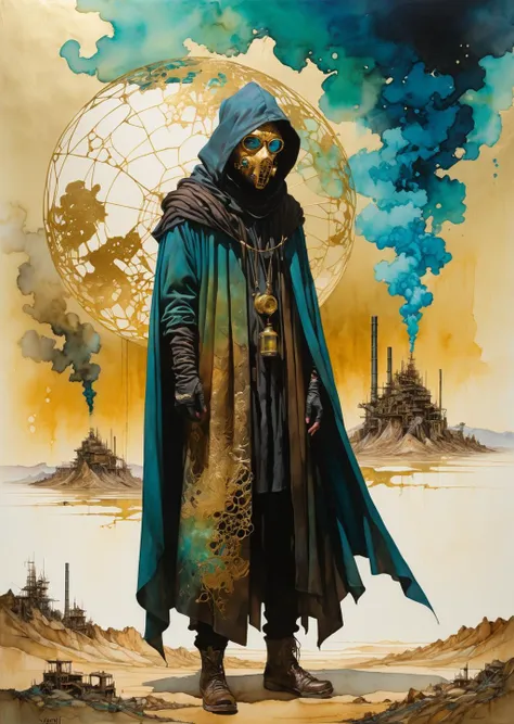 Azem the Traveler 
cloaked and masked, yearning to explore. Gradient mastery, ink, gold leaf, and alcohol ink elements. Cinematic realism, luminism, and pollution-choked industrial landscape  
 by Ellen Jewett