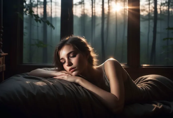 a young woman 
 sleepy smoky eyes  beautiful ,  
cozy, lying  in a room with a view of a forest
dark art , dim light, rim light, dark shadows, dramatic lighting,