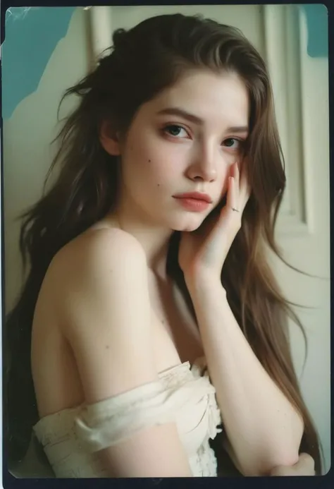 1girl pale skin, parted lips, detailed long hair, , strapless, bare shoulders, hand on face vintage, faded film, film grain, polaroid, cute
by Benedick Bana ,
