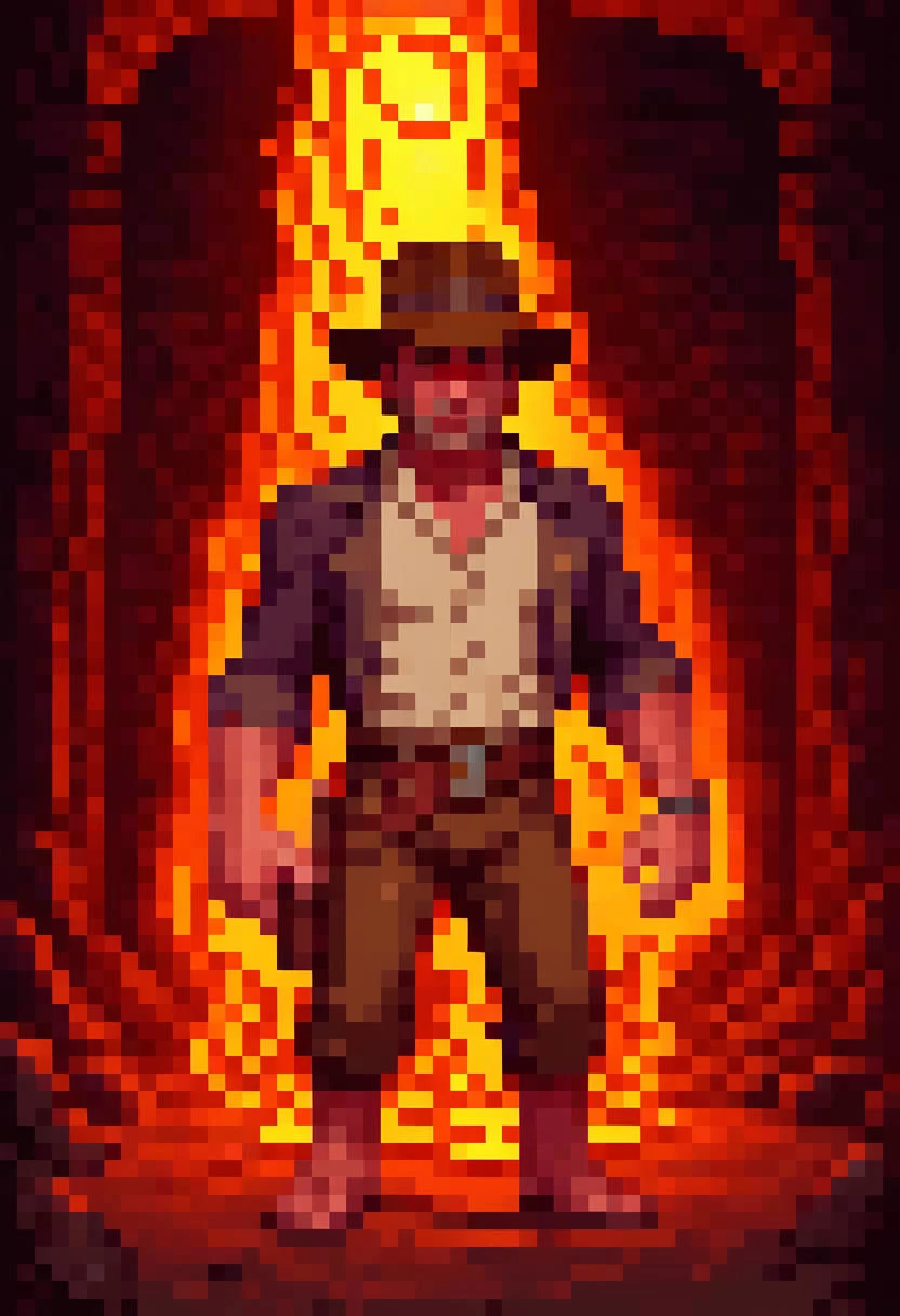 pixel art PixArFK
lucasarts style, 
indiana jones is holding a glowing oblong stone in a dark dungeon temple with a large lava molten pit
detailed face 
masterpiece, best quality, high quality,