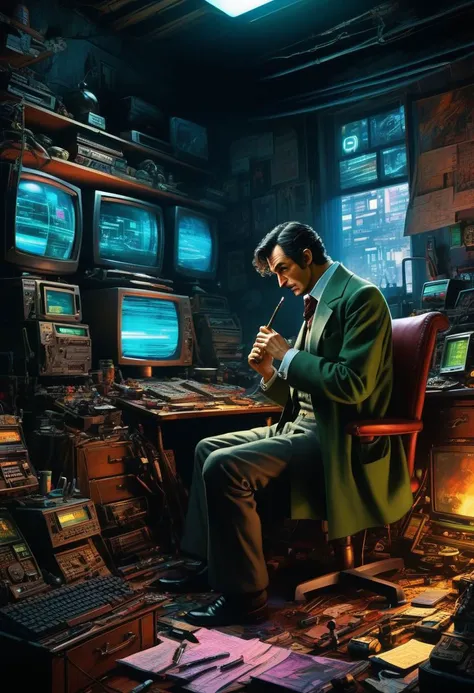 anime by Noriyoshi Ohrai
sherlock holmes, holding smoking pipe watching monitors, multiple multiple monitors, hologram, messy room, shadow, dim light, dark room. messy, detailed background, science fiction, cyberpunk retro dystopian futuristic