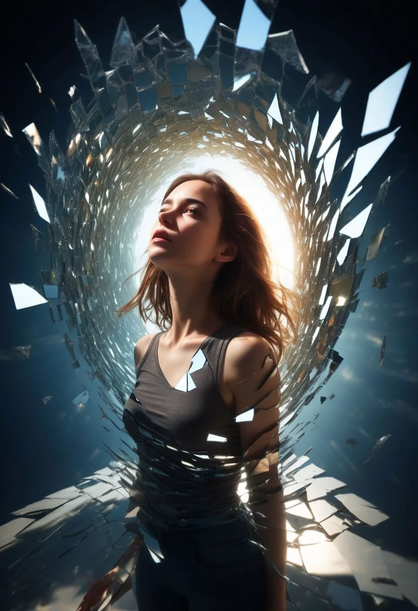 a young woman
in a universe made of mirror, shattered perspective from above
shadows
dramatic lighting