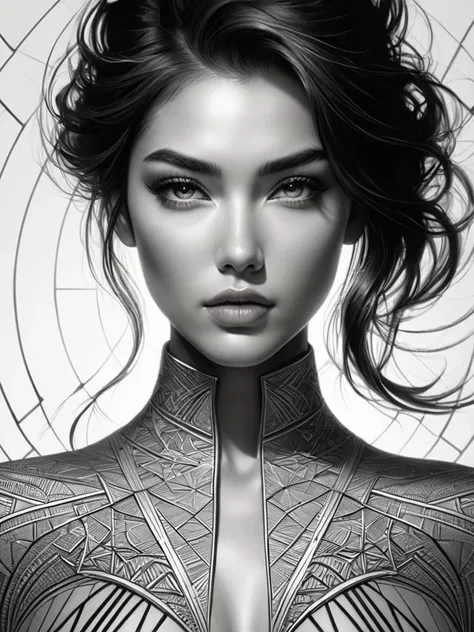 DonMFr4ctur3dD1ffFXThe, perfection style. A breathtaking young woman standing in the center of the image. The composition follows a linear transition from right to left, starting with a detailed line art effect in the first section of the image. In this section, the woman and her surroundings are drawn in intricate line work, emphasizing clean lines and minimal shading. As the image progresses, the middle section features a fracture effect, where geometric shapes break apart from the womans form, creating a fragmented and dynamic look. Finally, the last section shifts into a photorealistic style, where the woman appears in stunning detail, with realistic skin texture, expressive eyes, and lifelike hair. The lighting is soft and natural, highlighting the transitions between the art styles and ensuring a smooth, visually striking progression from line art to fractured geometry, and finally to realism.