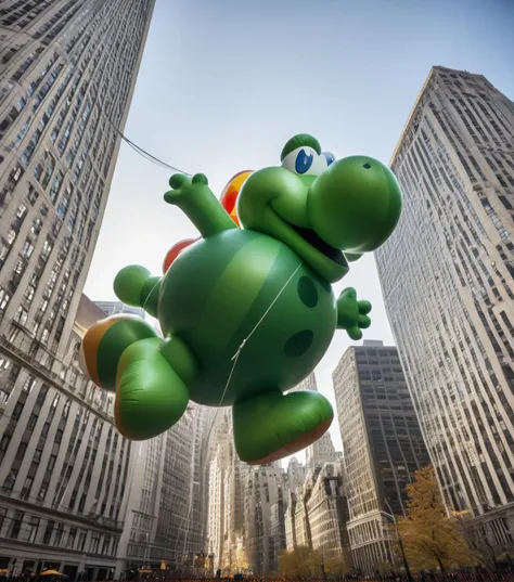 <lora:b41100n_05PN-000008:0.6>a raw photograph of (yoshi:1.5) b41100n shaped parade balloon,(floating high above:1.2) (with guide ropes:1.1),during Macy's NYC parade,with park and trees behind,with tall buildings in background,(hero shot:1.1),from below,outdoor,sunshine and shadows,realistic photograph,wide_angle_view,highres,absurdres,hyper realistic,HDR UDH 8K wallpaper,photo realistic,award winning,best quality,masterpiece,intricately detailed,high contrast, score_9,score_8_up,source_photo, Photorealistic, Hyperrealistic, Hyperdetailed, realistic, 8k wallpaper, Intricate, High Detail, film photography, bokeh