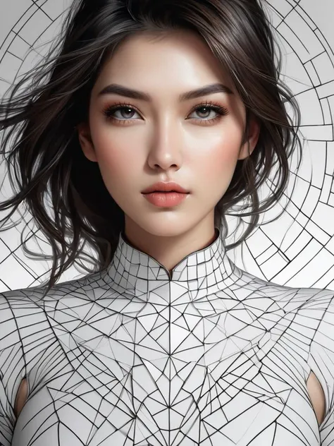 DonMFr4ctur3dD1ffFXThe, perfection style. A breathtaking young woman standing in the center of the image. The composition follows a linear transition from right to left, starting with a detailed line art effect in the first section of the image. In this section, the woman and her surroundings are drawn in intricate line work, emphasizing clean lines and minimal shading. As the image progresses, the middle section features a fracture effect, where geometric shapes break apart from the womans form, creating a fragmented and dynamic look. Finally, the last section shifts into a photorealistic style, where the woman appears in stunning detail, with realistic skin texture, expressive eyes, and lifelike hair. The lighting is soft and natural, highlighting the transitions between the art styles and ensuring a smooth, visually striking progression from line art to fractured geometry, and finally to realism.