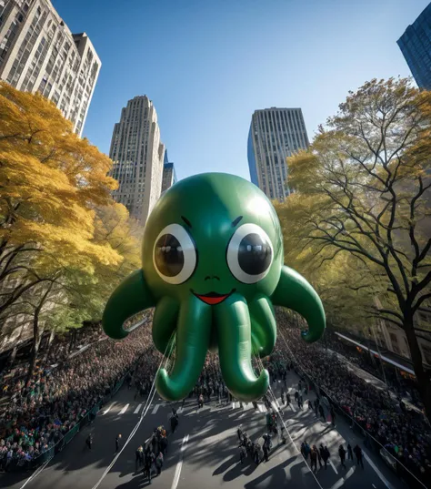 <lora:b41100n_05PN-000008:0.6>a raw photograph of (happy cthulhu:1.5) b41100n shaped parade balloon,(floating high above:1.2) (with guide ropes:1.1),during Macy's NYC parade,with park and trees behind,with tall buildings in background,(hero shot:1.1),from below,outdoor,sunshine and shadows,realistic photograph,wide_angle_view,highres,absurdres,hyper realistic,HDR UDH 8K wallpaper,photo realistic,award winning,best quality,masterpiece,intricately detailed,high contrast, score_9,score_8_up,source_photo, Photorealistic, Hyperrealistic, Hyperdetailed, realistic, 8k wallpaper, Intricate, High Detail, film photography, bokeh