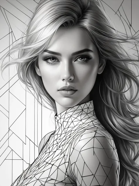 DonMFr4ctur3dD1ffFXThe, perfection style. A breathtaking young woman standing in the center of the image. The composition follows a linear transition from right to left, starting with a detailed line art effect in the first section of the image. In this section, the woman and her surroundings are drawn in intricate line work, emphasizing clean lines and minimal shading. As the image progresses, the middle section features a fracture effect, where geometric shapes break apart from the womans form, creating a fragmented and dynamic look. Finally, the last section shifts into a photorealistic style, where the woman appears in stunning detail, with realistic skin texture, expressive eyes, and lifelike hair. The lighting is soft and natural, highlighting the transitions between the art styles and ensuring a smooth, visually striking progression from line art to fractured geometry, and finally to realism.