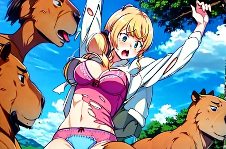 <lora:add_brightness:0.5><lora:add_detail:0.5><lora:add_saturation:0.5><lora:Fonglets_Exploding_Clothes:0.7> <lora:ellenbaker:0.9> <lora:capi-09:0.8>
ellenbaker, embarrassed, underwear,fighting,
multiple Capybara attacking a woman,
EXPLODING CLOTHES,TORN CLOTHES,RIPPED CLOTHES,
straight-on,