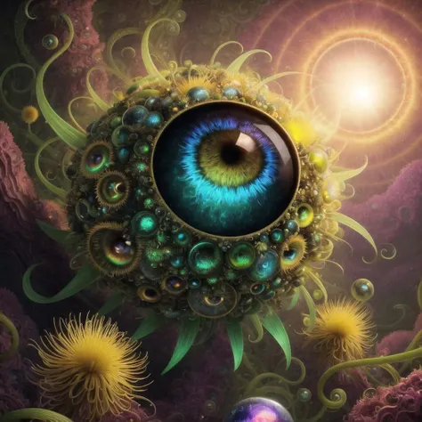 smooth, perfect, burly dandelionmonster , hundreds of eyes, concentric orbiting rings deep eldritch underground color, art by (apterus:.45) meccano dandelionwarlord virus with exotic agate geodes growing on its back: by Dr Seuss: Javanese Art: James Jean: Erin Hanson: Dan Mumford : Dan Seagrave: digital illustration, natural lighting, volumetric lighting maximalist matte 8k resolution concept art intricately detailed, complex, elegant, expansive, fantastical <lora:flowervirus_lora_2800steps:.55> flowervirus with hundreds of eyes is a majestic and awe-inspiring being, whose eyes symbolize its omniscience and all-seeing nature. Each eye serves as a window into the divine realm and a source of insight and wisdom. power and authority, as well as its divine nature. Its many eyes are a reminder that it sees all and knows all, and that its presence is a symbol of divine protection and guidance.