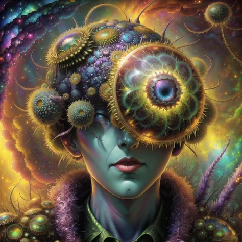 burly dandelioncreature, <lora:dmmidStyle_symmetrical:.2> deep rainbow color, art by (apterus:.35) ecological horror art, Artgerm, WLOP, Thomas Kinkade and Studio Ghibli; surreal fictionalization, Ralph Steadman style Fear and Loathing, Intricately Designed cosmic sky, Photograph Taken on Nikon D750, Intricate, Elegant, Digital Illustration, Scenic, Hyper-Realistic, Hyper-Detailed, 8kl <lora:flowervirus_lora_2800steps:.55> flowervirus