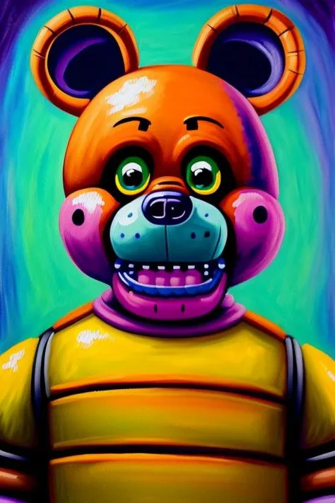 (Painting:1.3) of,(Frightening:1.3) <lora:FNAF:0.75> male, (solo), (FreddyFNAF) FNAF, ClassicAnimatronic, animatronic, bear, official, blue eyes, headshot, yellow body, pizza restaurant from hell in the background