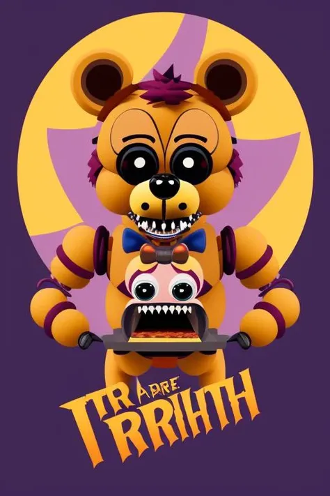 (Vector image:1.3) of,(Frightening:1.3) <lora:FNAF:0.75> male, (FreddyFNAF) FNAF, ClassicAnimatronic, animatronic, bear, official, blue eyes, headshot, yellow body, pizza restaurant from hell in the background,(Flat style:1.3),Illustration,Behance