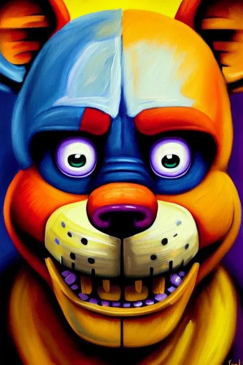(Painting:1.3) of (Masterpiece:1.3),(Frightening:1.3) poster of <lora:FNAF:0.75> male, (solo), (FreddyFNAF) FNAF, ClassicAnimatronic, animatronic, bear, official, blue eyes, portrait, yellow body, pizza restaurant from hell in the background