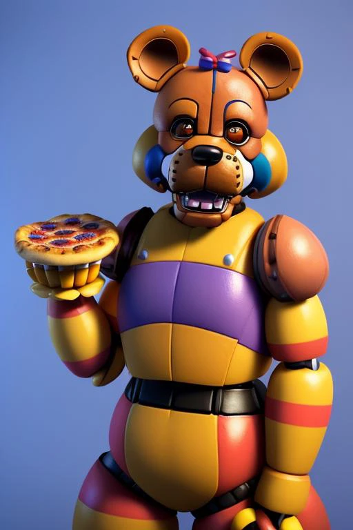 (Professional 3D rendering:1.3) of,(Guilty:1.3) <lora:FNAF:0.75> male, (solo), (FreddyFNAF) FNAF, ClassicAnimatronic, animatronic, bear, official, blue eyes, headshot, yellow body, pizza restaurant from hell in the background,CGSociety,ArtStation