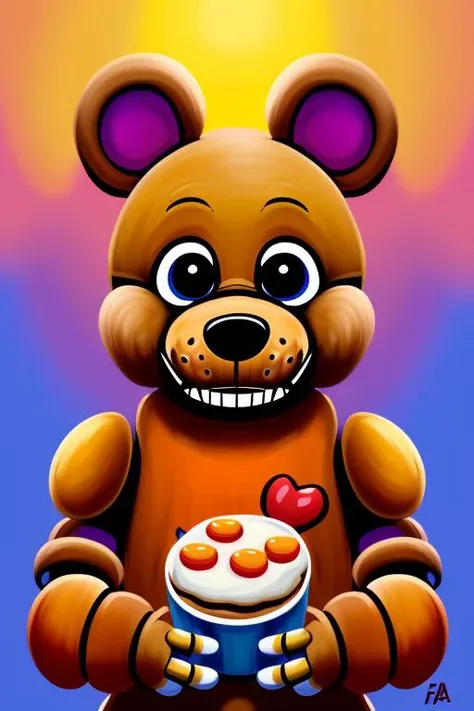 (Painting:1.3) of,(Cosy:1.3) <lora:FNAF:0.75> male, (FreddyFNAF) FNAF, ClassicAnimatronic, animatronic, bear, official, blue eyes, headshot, yellow body, pizza restaurant from hell in the background