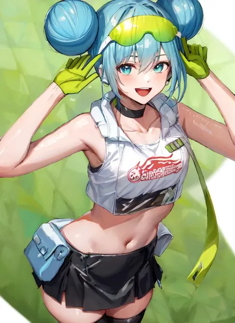 masterpiece,(ultra-detailed),1girl, smile, gloves, navel, double bun, hair bun, stomach, crop top, collarbone, choker, open mouth, skirt, midriff, bare shoulders, sparkle, black skirt, pouch, logo,sleeveless, black choker, green gloves, eyewear on head, sidelocks, shirt, white shirt, thighhighs, miniskirt, standing, thighs, white gloves, <lora:racing_miku2022_v1:1>,