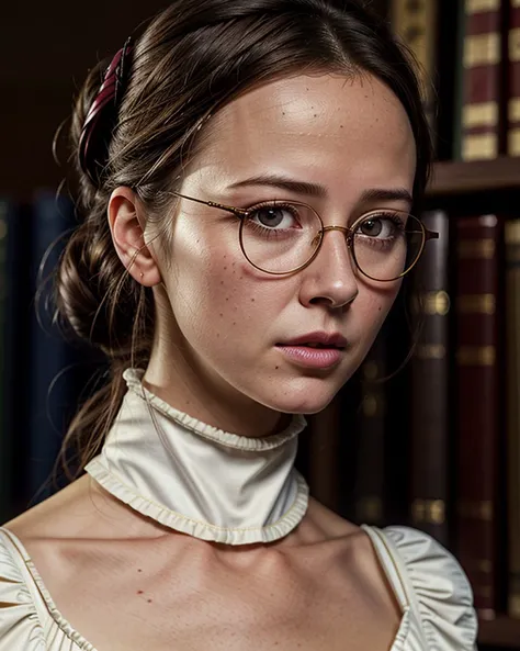ChzAmyA, Shhhh!, medium close-up, (ultra-detailed for realism:1.3), photo of 1girl as a strict librarian, glasses, turtleneck, (angry expression:1.2), one finger held to own lips, hair in a sensible bun, skirt, (looking at viewer), perfect eyes, detailed skin, retro-futuristic library background, (masterpiece, best quality:1.5),