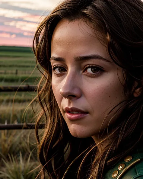 ChzAmyA, close-up, (ultra-detailed for realism:1.3), RAW photo of a female rancher, face focus, wearing a cowgirl outfit, fringed leather jacket, artistic composition, standing near an old barbed-wire fence on the Western Kansas plains, expansive emptiness, languid loneliness, (contemplative pose), (by Annie Leibovitz and Rosie Matheson), volumetric lighting, perfect eyes, detailed skin, perfect shading, (masterpiece, best quality:1.5),