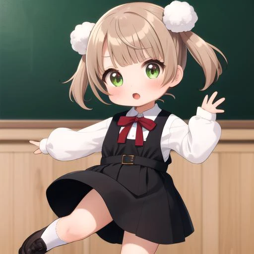 ultra-detailed,masterpiece,best quality,stage,sp@tlight,dancing,1girl,(chibi),shigure ui (vtuber) ,short hair,light brown hair,twintails,pom pom hair ornament,hair intakes,green eyes, school uniform,bangs,red bow,collared white shirt,long sleeves,red randoseru,black sleeveless pinafore dress,white socks,black footwear<lora:Shigure Ui(vtuber):0.7>