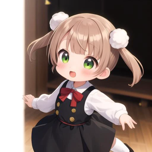 ultra-detailed,masterpiece,best quality,stage,sp@tlight,dancing,1girl,(chibi),shigure ui (vtuber) ,short hair,light brown hair,twintails,pom pom hair ornament,hair intakes,green eyes, school uniform,bangs,red bow,collared white shirt,long sleeves,red randoseru,black sleeveless pinafore dress,white socks,black footwear<lora:Shigure Ui(vtuber):0.7>