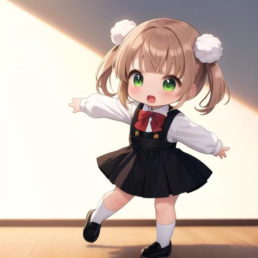 ultra-detailed,masterpiece,best quality,stage,sp@tlight,dancing,1girl,(chibi),shigure ui (vtuber) ,short hair,light brown hair,twintails,pom pom hair ornament,hair intakes,green eyes, school uniform,bangs,red bow,collared white shirt,long sleeves,red randoseru,black sleeveless pinafore dress,white socks,black footwear<lora:Shigure Ui(vtuber):0.7>
