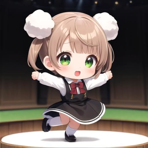 ultra-detailed,masterpiece,best quality,stage,sp@tlight,dancing,1girl,(chibi),shigure ui (vtuber) ,short hair,light brown hair,twintails,pom pom hair ornament,hair intakes,green eyes, school uniform,bangs,red bow,collared white shirt,long sleeves,red randoseru,black sleeveless pinafore dress,white socks,black footwear<lora:Shigure Ui(vtuber):0.7>