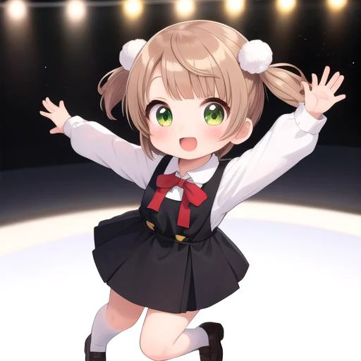ultra-detailed,masterpiece,best quality,stage,sp@tlight,dancing,1girl,(chibi),shigure ui (vtuber) ,short hair,light brown hair,twintails,pom pom hair ornament,hair intakes,green eyes, school uniform,bangs,red bow,collared white shirt,long sleeves,red randoseru,black sleeveless pinafore dress,white socks,black footwear<lora:Shigure Ui(vtuber):0.7>