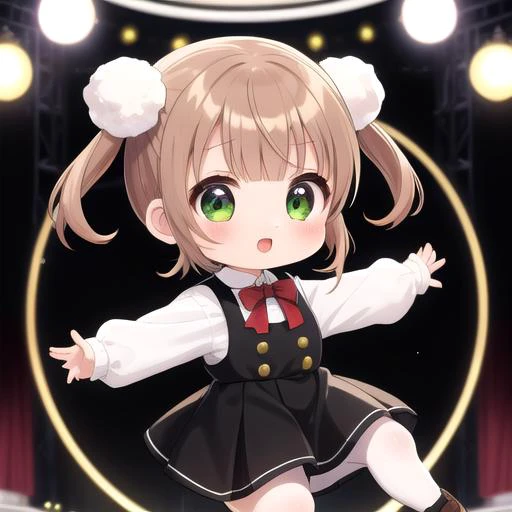 ultra-detailed,masterpiece,best quality,stage,sp@tlight,dancing,1girl,(chibi),shigure ui (vtuber) ,short hair,light brown hair,twintails,pom pom hair ornament,hair intakes,green eyes, school uniform,bangs,red bow,collared white shirt,long sleeves,red randoseru,black sleeveless pinafore dress,white socks,black footwear<lora:Shigure Ui(vtuber):0.7>