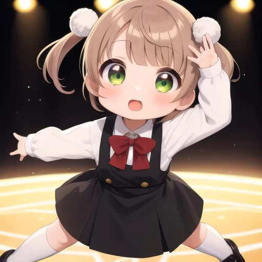 ultra-detailed,masterpiece,best quality,stage,sp@tlight,dancing,1girl,(chibi),shigure ui (vtuber) ,short hair,light brown hair,twintails,pom pom hair ornament,hair intakes,green eyes, school uniform,bangs,red bow,collared white shirt,long sleeves,red randoseru,black sleeveless pinafore dress,white socks,black footwear<lora:Shigure Ui(vtuber):0.7>