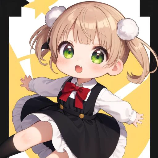 ultra-detailed,masterpiece,best quality,stage,sp@tlight,dancing,1girl,(chibi),shigure ui (vtuber) ,short hair,light brown hair,twintails,pom pom hair ornament,hair intakes,green eyes, school uniform,bangs,red bow,collared white shirt,long sleeves,red randoseru,black sleeveless pinafore dress,white socks,black footwear<lora:Shigure Ui(vtuber):0.7>