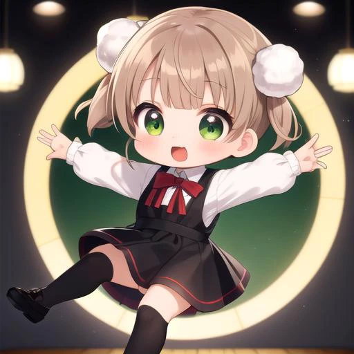 ultra-detailed,masterpiece,best quality,stage,sp@tlight,dancing,1girl,(chibi),shigure ui (vtuber) ,short hair,light brown hair,twintails,pom pom hair ornament,hair intakes,green eyes, school uniform,bangs,red bow,collared white shirt,long sleeves,red randoseru,black sleeveless pinafore dress,white socks,black footwear<lora:Shigure Ui(vtuber):0.7>