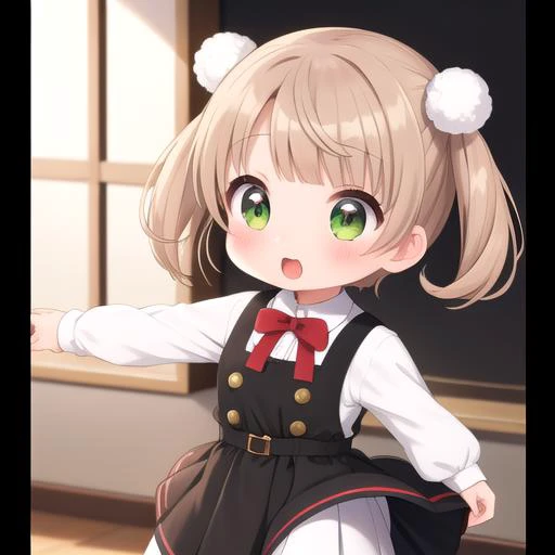ultra-detailed,masterpiece,best quality,stage,sp@tlight,dancing,1girl,(chibi),shigure ui (vtuber) ,short hair,light brown hair,twintails,pom pom hair ornament,hair intakes,green eyes, school uniform,bangs,red bow,collared white shirt,long sleeves,red randoseru,black sleeveless pinafore dress,white socks,black footwear<lora:Shigure Ui(vtuber):0.7>