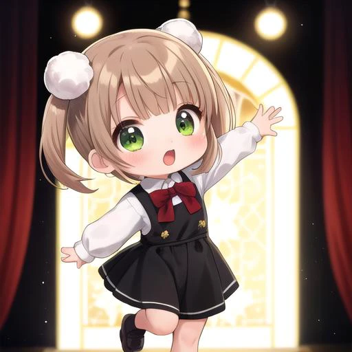 ultra-detailed,masterpiece,best quality,stage,sp@tlight,dancing,1girl,(chibi),shigure ui (vtuber) ,short hair,light brown hair,twintails,pom pom hair ornament,hair intakes,green eyes, school uniform,bangs,red bow,collared white shirt,long sleeves,red randoseru,black sleeveless pinafore dress,white socks,black footwear<lora:Shigure Ui(vtuber):0.7>