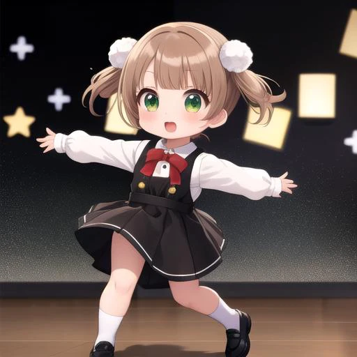 ultra-detailed,masterpiece,best quality,stage,sp@tlight,dancing,1girl,(chibi),shigure ui (vtuber) ,short hair,light brown hair,twintails,pom pom hair ornament,hair intakes,green eyes, school uniform,bangs,red bow,collared white shirt,long sleeves,red randoseru,black sleeveless pinafore dress,white socks,black footwear<lora:Shigure Ui(vtuber):0.7>