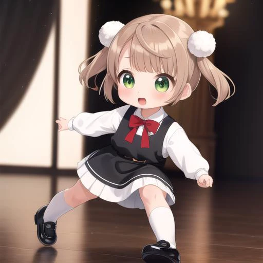 ultra-detailed,masterpiece,best quality,stage,sp@tlight,dancing,1girl,(chibi),shigure ui (vtuber) ,short hair,light brown hair,twintails,pom pom hair ornament,hair intakes,green eyes, school uniform,bangs,red bow,collared white shirt,long sleeves,red randoseru,black sleeveless pinafore dress,white socks,black footwear<lora:Shigure Ui(vtuber):0.7>