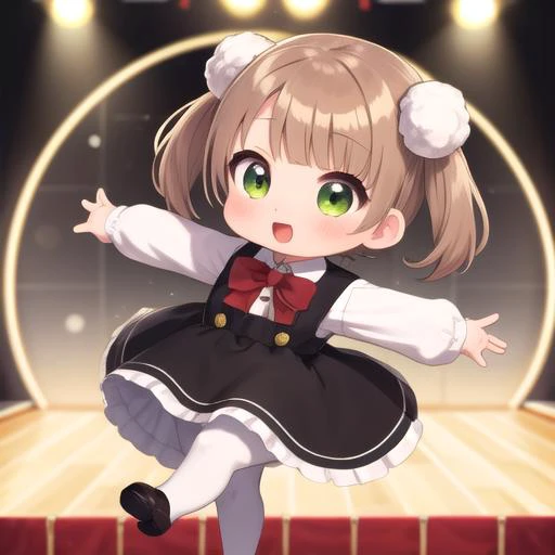 ultra-detailed,masterpiece,best quality,stage,sp@tlight,dancing,1girl,(chibi),shigure ui (vtuber) ,short hair,light brown hair,twintails,pom pom hair ornament,hair intakes,green eyes, school uniform,bangs,red bow,collared white shirt,long sleeves,red randoseru,black sleeveless pinafore dress,white socks,black footwear<lora:Shigure Ui(vtuber):0.7>