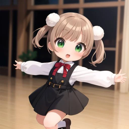 ultra-detailed,masterpiece,best quality,stage,sp@tlight,dancing,1girl,(chibi),shigure ui (vtuber) ,short hair,light brown hair,twintails,pom pom hair ornament,hair intakes,green eyes, school uniform,bangs,red bow,collared white shirt,long sleeves,red randoseru,black sleeveless pinafore dress,white socks,black footwear<lora:Shigure Ui(vtuber):0.7>