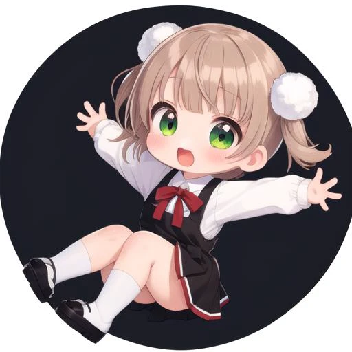 ultra-detailed,masterpiece,best quality,stage,sp@tlight,dancing,1girl,(chibi),shigure ui (vtuber) ,short hair,light brown hair,twintails,pom pom hair ornament,hair intakes,green eyes, school uniform,bangs,red bow,collared white shirt,long sleeves,red randoseru,black sleeveless pinafore dress,white socks,black footwear<lora:Shigure Ui(vtuber):0.7>