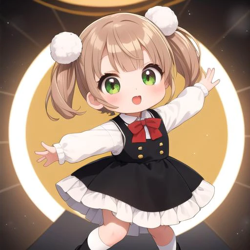ultra-detailed,masterpiece,best quality,stage,sp@tlight,dancing,1girl,(chibi),shigure ui (vtuber) ,short hair,light brown hair,twintails,pom pom hair ornament,hair intakes,green eyes, school uniform,bangs,red bow,collared white shirt,long sleeves,red randoseru,black sleeveless pinafore dress,white socks,black footwear<lora:Shigure Ui(vtuber):0.7>